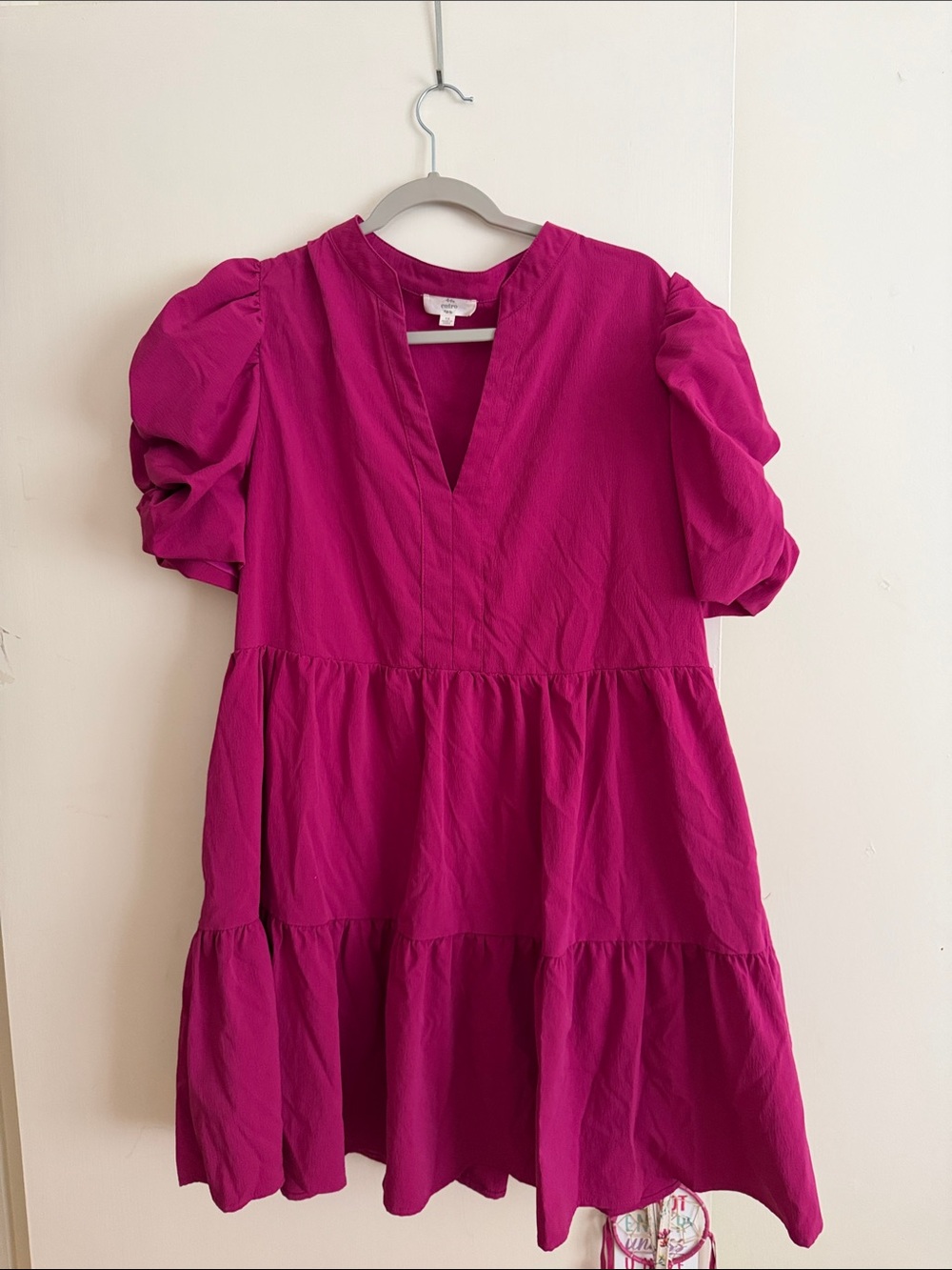 Women’s ' Puff-Sleeve Tiered Dress - Fuchsia Pink
